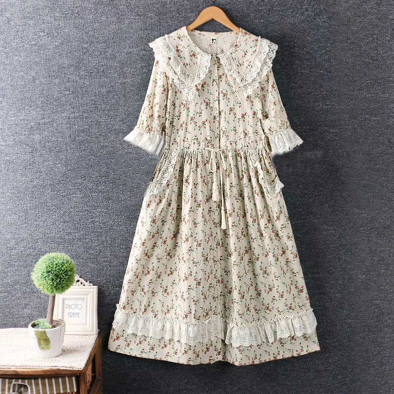 

New spring women dress Japan style sweet double-layer peter pan collar lolita Floral Cotton linen dress long Sleeve loose Dress