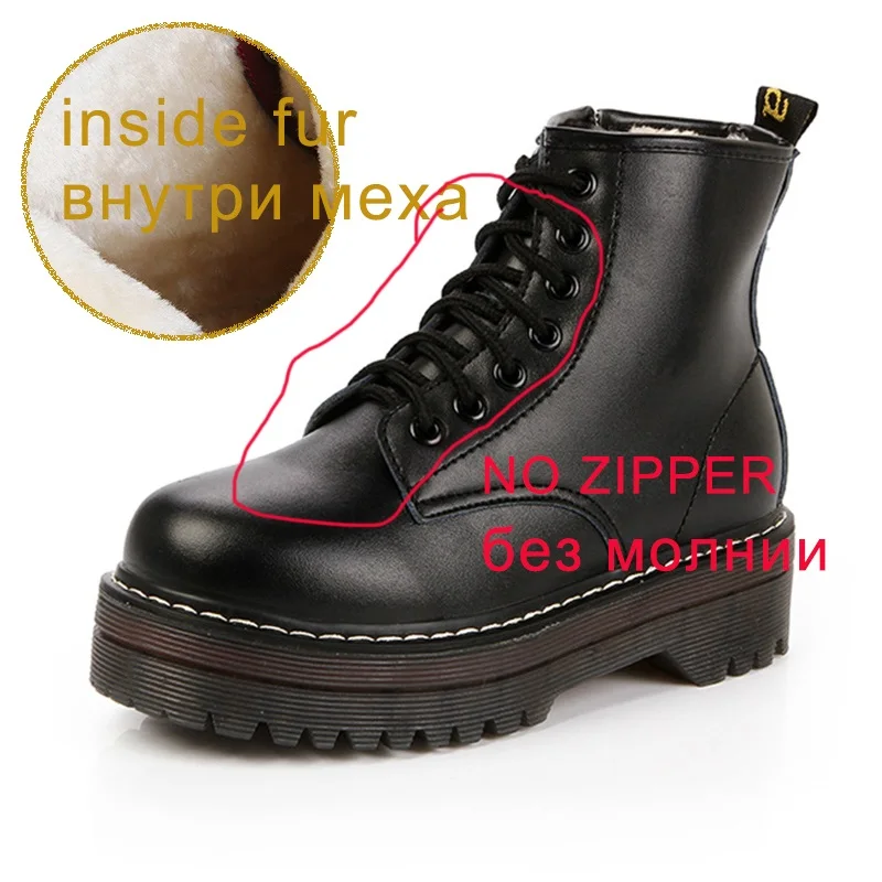Модная обувь на плоской подошве на молнии; женские ботинки из искусственной кожи на платформе и высоком каблуке; женская обувь на шнуровке; ботильоны для девочек; Размеры 35-40 - Цвет: Black with fur insid