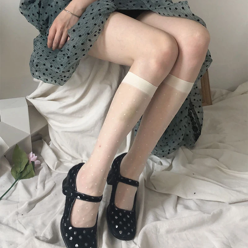 

2021 Summer Club Dot Uniform Socks Ultra-thin Socks Slim Knee High Stockings Solid Silk Stockings Tube Socks Lace Calf Socks