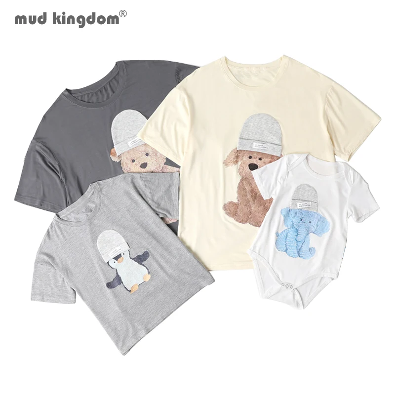 Летние Семейные одинаковые наряды футболки с изображением слона медведя