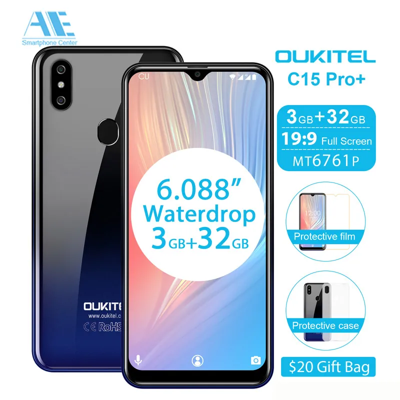 OUKITEL C15 Pro+ Android 9,0 6,088 ''19:9 Pie 3 ГБ 32 ГБ смартфон MT6761 водослива отпечатков пальцев лицо ID 5G WiFi 4G мобильный телефон