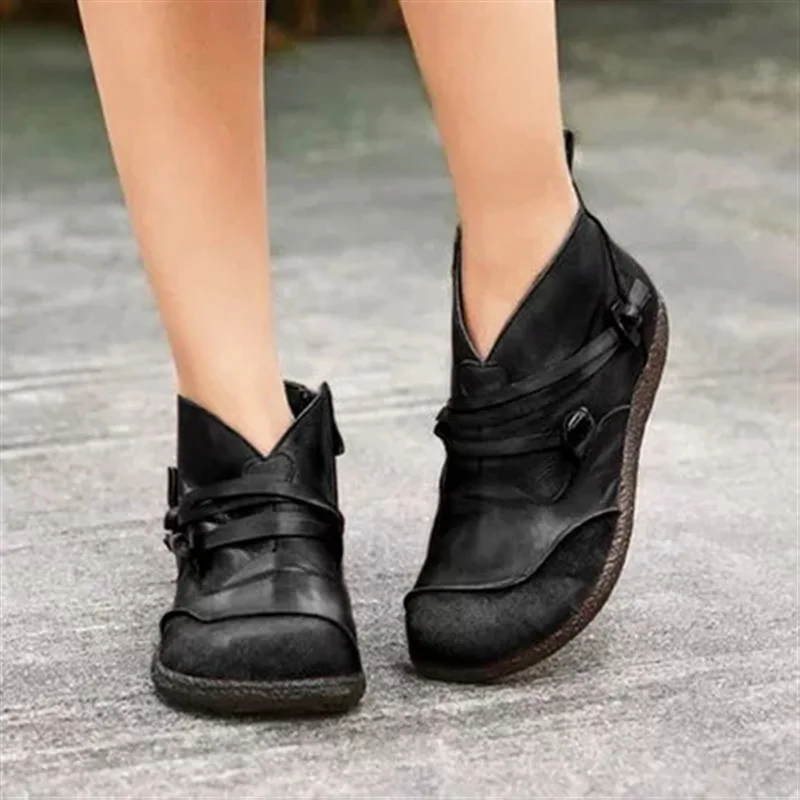 

2021 Women Boots Snow Boots PU Ankle Spring Flat Shoes Woman Short Brown Botas with Fur 2021 Female Lace Up Botas Mujer