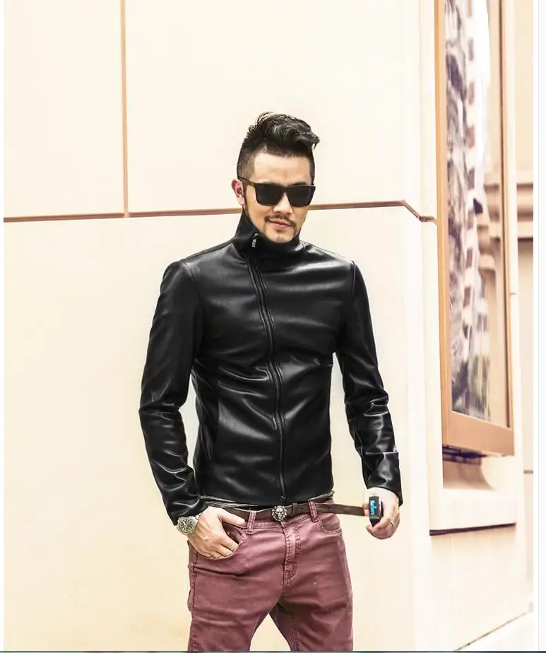 

Men's motorcycle oblique zipper men's leather jacket stand collar leather jacket casual fashion