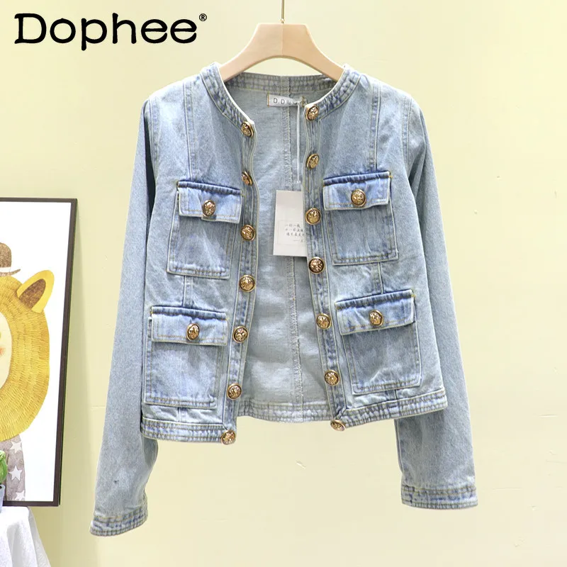 

Женская джинсовая куртка, синяя облегающая укороченная джинсовая куртка в корейском ретро-стиле, двубортная джинсовая куртка с металличес...
