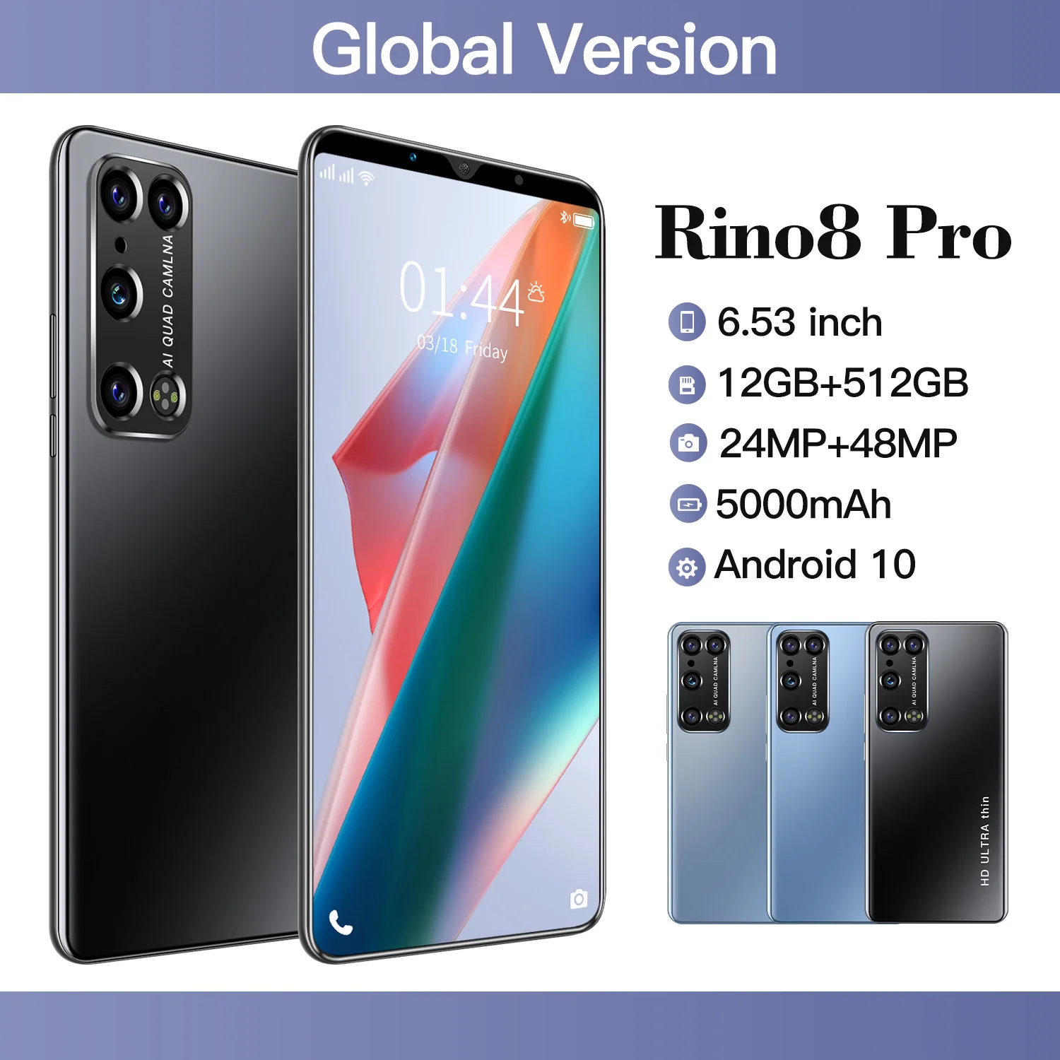 

Смартфон глобальная версия Rino8 Pro, 6,38 дюйма, 12 + 512 ГБ, две SIM-карты, 5000 мАч, большой аккумулятор, 24 + 48 Мп, HD камера, 4G, 5G, мобильные телефоны 2021