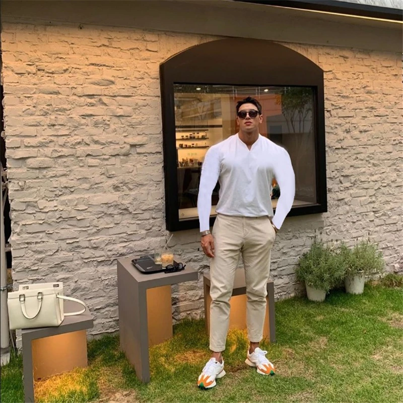 Мужская футболка с V образным вырезом и длинным рукавом для фитнеса повседневная