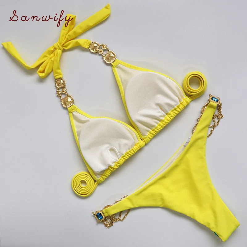

2020 Rhinestone Swimsuit Women Bikinis Diamond Bikini Set Metal Chain Swimwear Luxury Swimming Suit