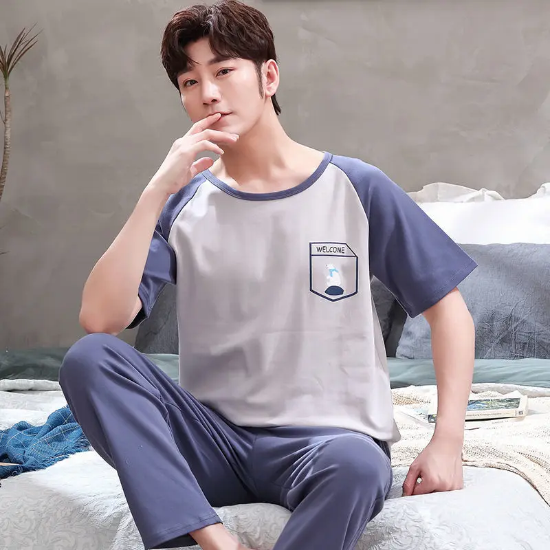 Casual Men Pajamas Set 2022 Short Sleeve Plaid Trousers Homewear Cat Letter Printing Boy Two-Piece Suit Loose O Neck Nightgown