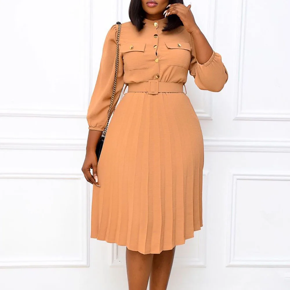 

African Women Dress Plain Pleated Vintage Dress Lady Buttons Pockets Lace Up Ladies Office Dress Vestidos Party Mid-Calf Autumn