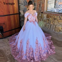 verngo gorgeous blush pink lace applique princess wedding dresses off shoulder tulle garden bride gown 16 girl quinceanera dress