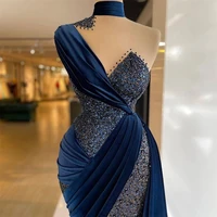royal blue short evening dresses sequin pleat luxury prom gowns high collar ladies beading sexy vestido de novia