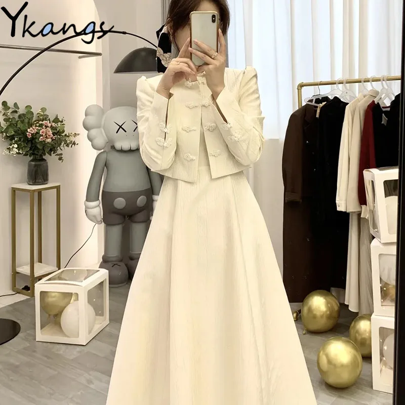 

Женский кружевной блейзер с завышенной талией, элегантное однотонное ТРАПЕЦИЕВИДНОЕ длинное платье, костюм во французском стиле, пиджак и ...