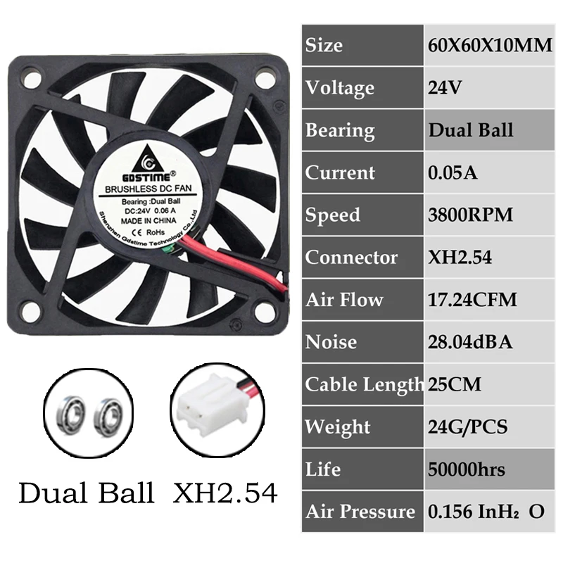 0.05A6010B24V2P2.54 2 шт. Gdstime 2Pin DC 5 в 12 В 24 в 24 вольт 6 см 60x60x10 мм 60 мм двойной шариковый подшипник Бесщеточный вентилятор охлаждения 60 мм x 10 мм кулер - Цвет лезвия: 0.05A6010B24V2P2.54
