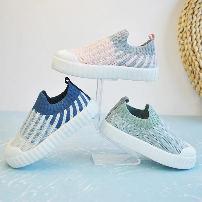 

Spring Summer Children's Shoes New Flying Woven Vertical Stripes Boys Girls Casual Soft Sole Single Shoes for Toddler Boys
