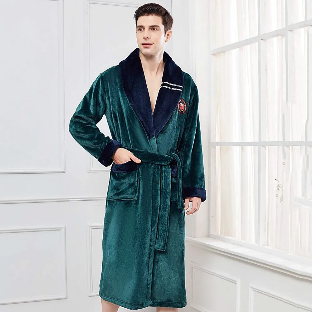 Autumn Winter Thicken Robe Sleepwear Coral Fleece Nightwear Large Size Flannel Men Kimono Bathrobe Loose Casual Home Clothes