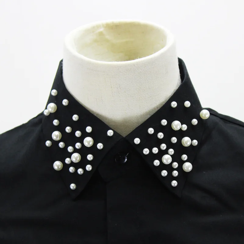 

Linbaiway Black Cotton Fake Collars for Women Beads Lapel Detachable False Collar for Women Vintage Sweater Decoration Faux Col