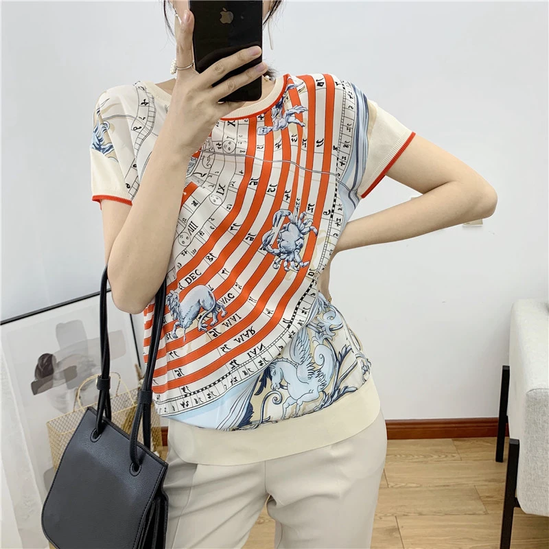 100% шелк Женская свободная футболка с принтом созвездия Высококачественная