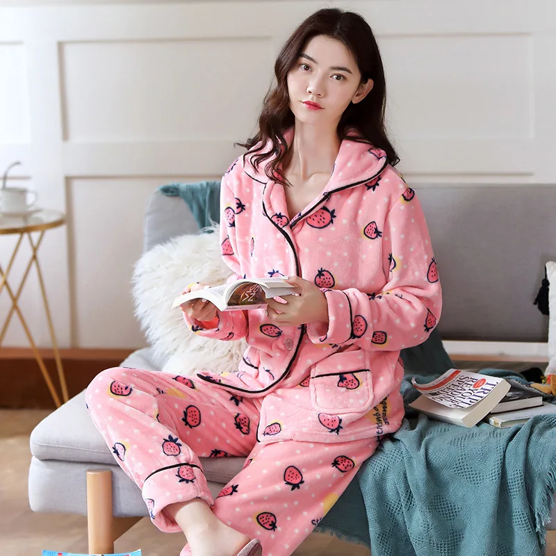 2021 Autumn and Winter Women's Pajamas Long-sleeved Thickened Flannel Cardigan Pijamas Women Home Service Sleep Tops Sleepwear