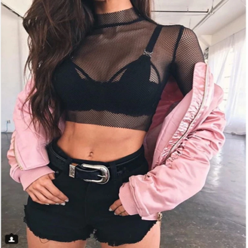 Женская прозрачная Сетчатая футболка с длинным рукавом ажурные повседневные