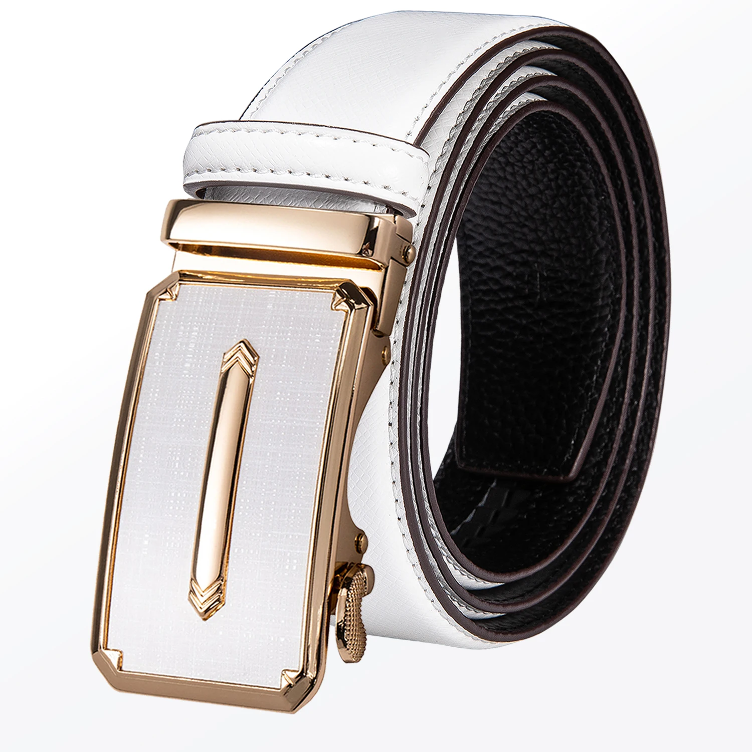 Fashion White Real Leather Mens Belts Metal Automatic Buckles Men Belt Ratchet Waistband Straps for Dress Jeans Wedding Party