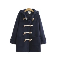 women outerwear coats korean temperament literary pure color double wooden buckle loose hooded pocket woolen jacket 2061248