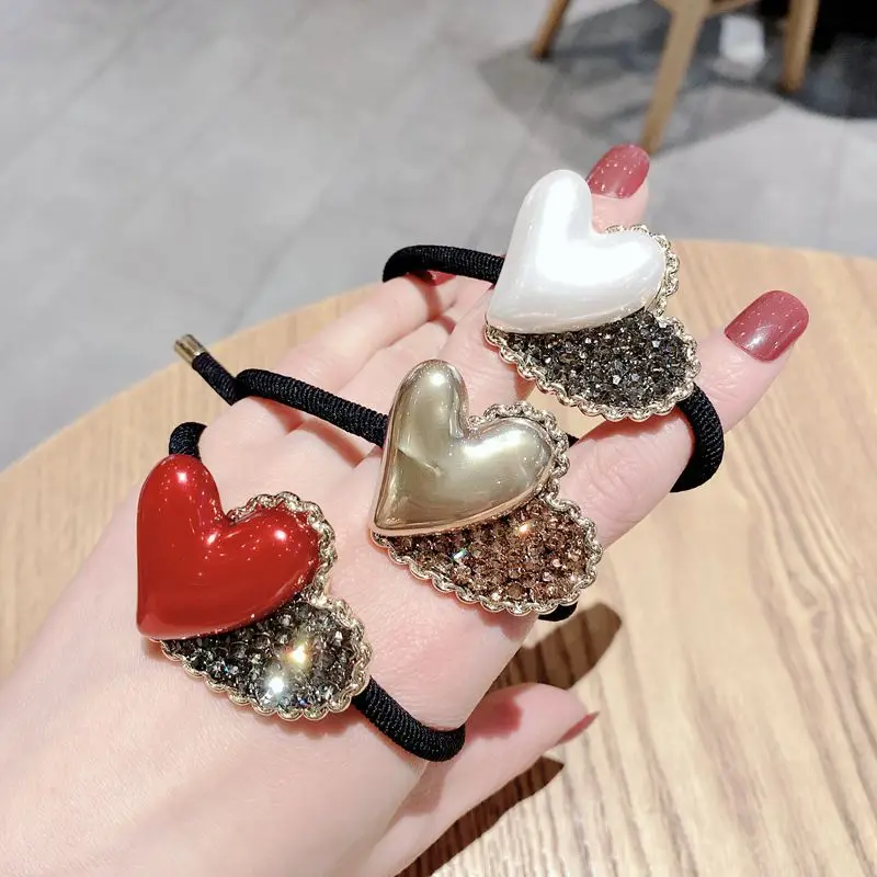 

Korea Love Shape Shining Crystal Bead Double Knotted Elastic Hair Bands Hair Accessories Rubber Band Hair Ring Hair Ties