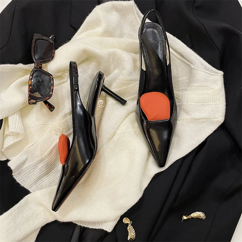 

Meotina Women Slingbacks Genuine Leather Thin High Heel Party Shoes Real Leather Pointed Toe Pumps Ladies Shoes Spring Black 40