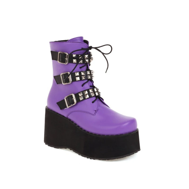 Women Boots Slip On  Rivet Designer  Ankle Boots Thick Heel Platform Heightened Purple Round Toe Fashion Martin Boots 2021