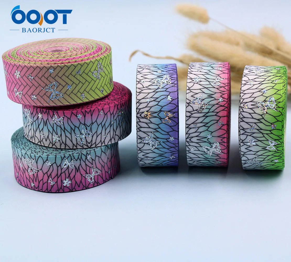 Цвет градиент лазерный Бабочка Grosgrain ленты 1 дюйм (25 мм) шириной 10 метров для