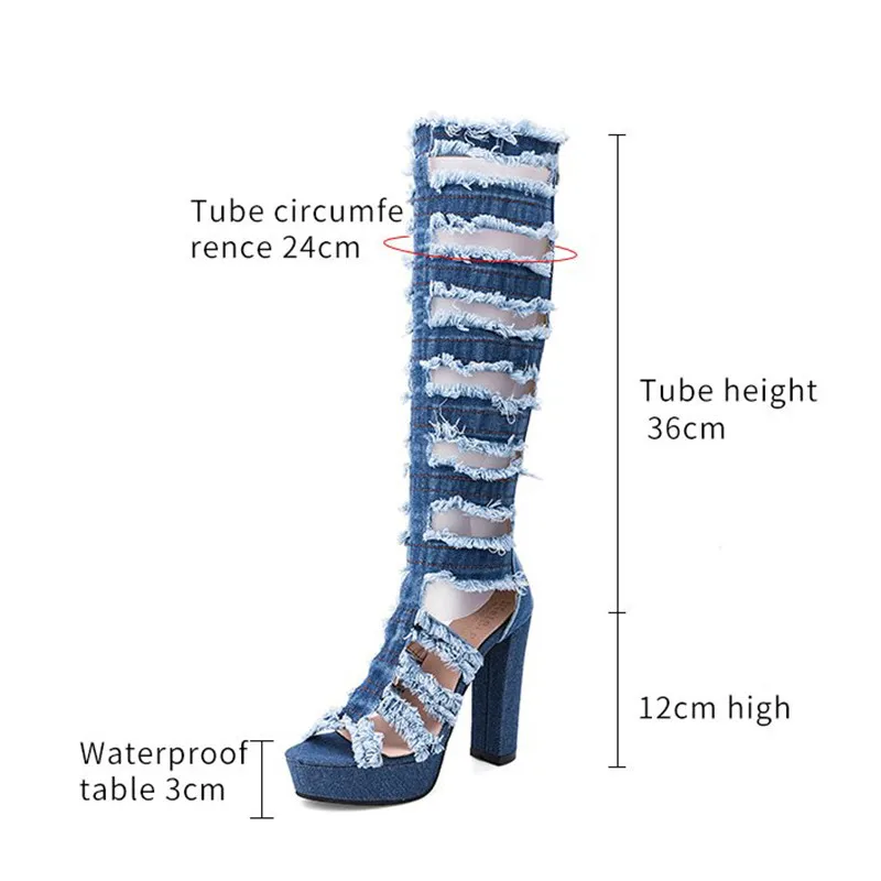 Женские джинсовые сапоги на высоком каблуке с открытым носком молнии|Сапоги до