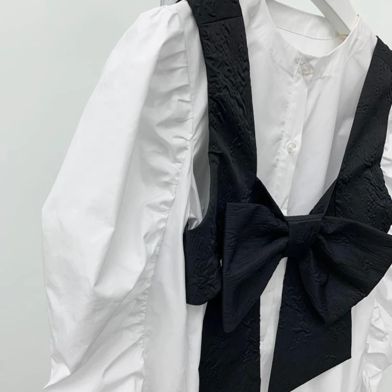 

CHICEVER Casual Shirts For Women O Neck Puff Long Sleeve Patchwork Bowknot Vest Designer Plus Size Blouses Female 2021 Clothing