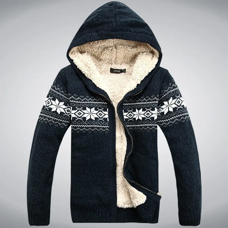 

2021 Winter Sweater Men's Thickened Fleece Hooded Cardigan Pure Cotton Knitted Jacquard Men's Sweater Jacket Casual Fashion Top