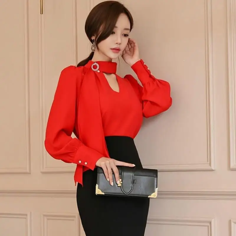 Элегантная Корейская красная блузка с рукавом фонариком женская рубашка осень