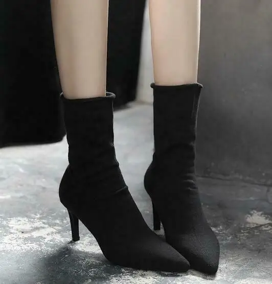 

Womens Pointy Toe High Slim Heel Shoes Elastic Fabric Sock Boots Retro Mid Calf B02