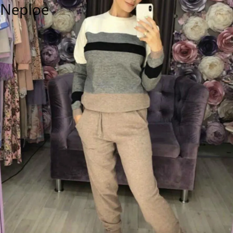 Neploe Conjuntos De Mujer Black Srtiped Short Kitt Sweater + High Waist Soild Pants Loose Slim Autumn Winter Women Set 46507 | Женская