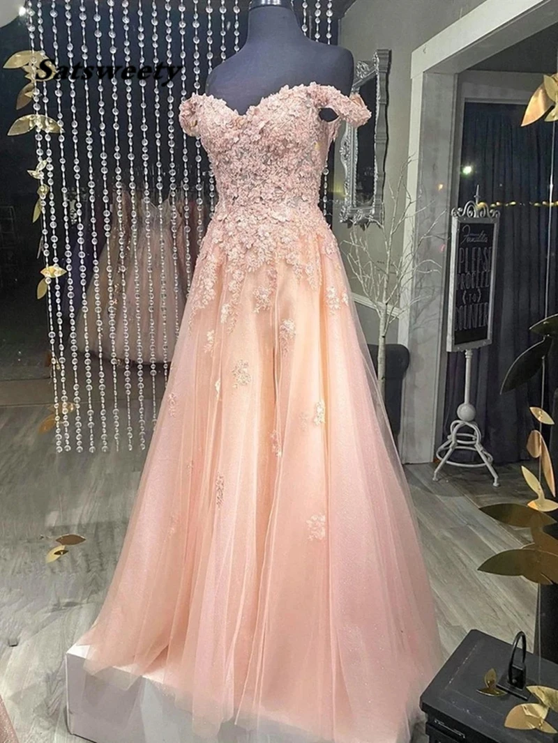 

2021 A line Pink Lace Puffy Pearls Evening Gowns Long Sleeve Appliques Off the Shoulder Pink Lace Prom Dresses