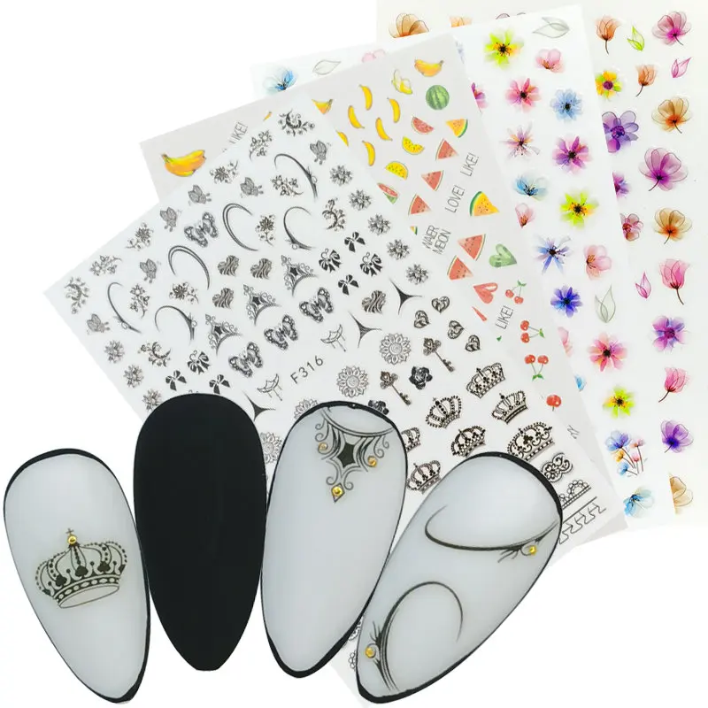 

3D Nail Sticker Black Bow Crown Mandala Flower Necklace Design Stickers for Nails Art Adhesive Manicure Decorations Decals