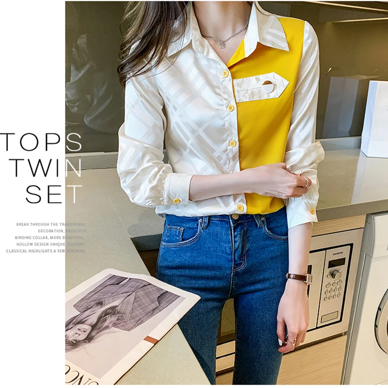 

Temperament Stitching Contrast Color New Shirt Spring Clothes Long Sleeve Turn-down Collar Chiffon Blouse Casual Wild Tops Women