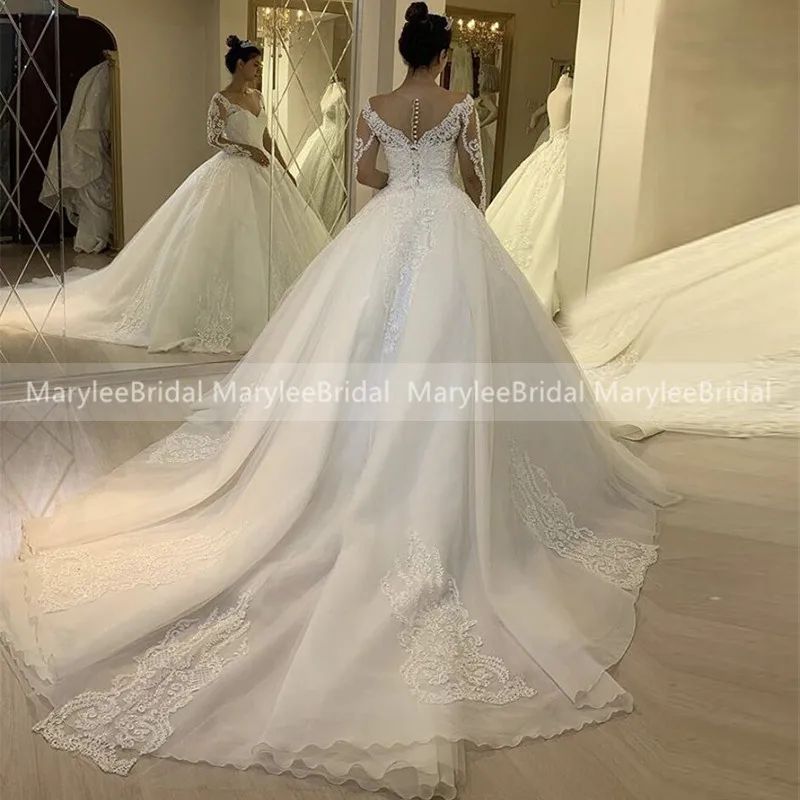 

Vestido de Noiva de Renda Arab Turkey Wedding Dresses Long Sleeves Bride Dress Royal Train Sexy V-neck Wedding Gowns Customize