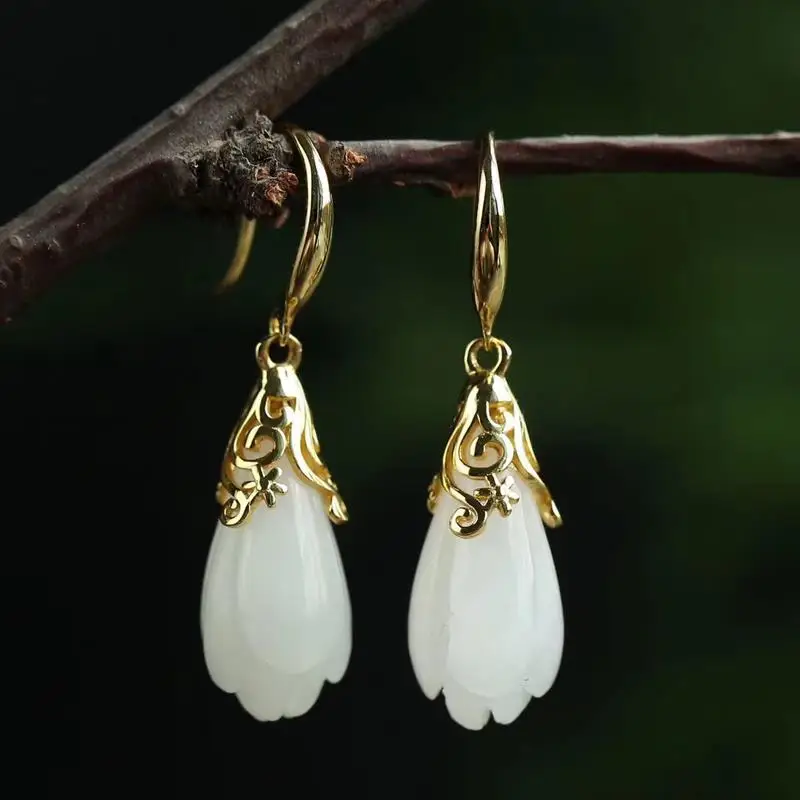 

S925 Sterling Silver Earrings Inlaid Hetian Jade Magnolia Eardrops Ear Hooks Elegant Earrings for Women New Ancient Style Jade E