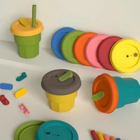 cups bottle silicone childrens dishes baby feeding straw seal up mug silicone drinking tumbler cups with straw 300ml 400ml 2021