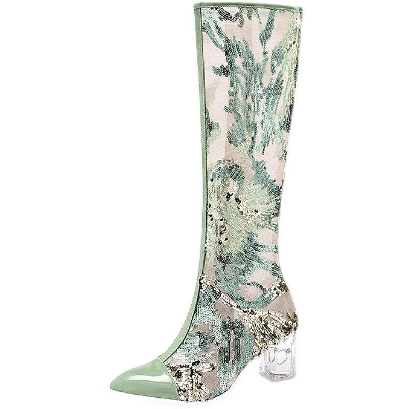 

New Womens Summer Fashion Pointed Toe Sandals Mesh Spliced Cowhide Hollow Out Embroidered Design Zippers Genuine Leather Sandals