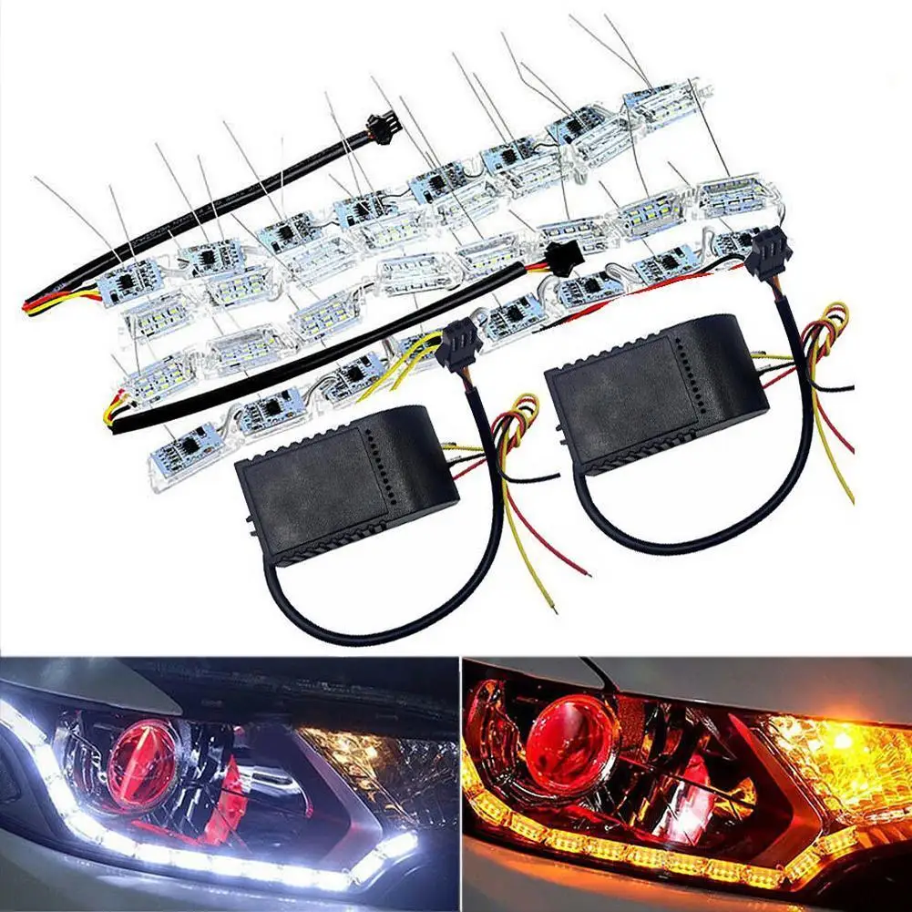 

2pcs DRL LED Strip Flexible Crystal LED Light Bar Car Streamer Yellow And White Turn Signal Car Auto Front Headlamp 16led Lights