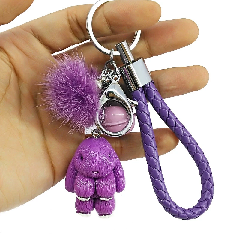 Симпатичный брелок из смолы в виде кролика с шариком норкового меха женский для