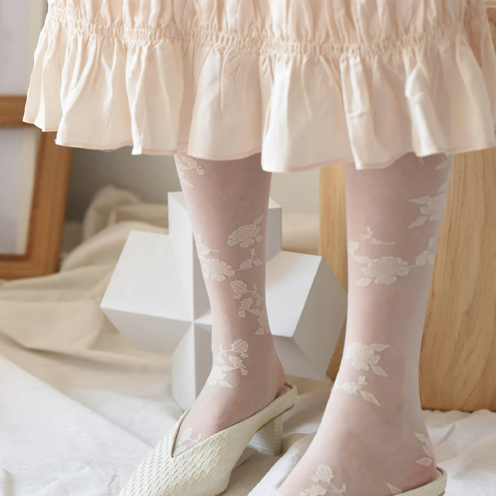 

1Pair Sexy Stockings Transparent Rose Flower Black Thin Knee High Socks For Women Girls Glass Silk Summer Streetwear Stockings