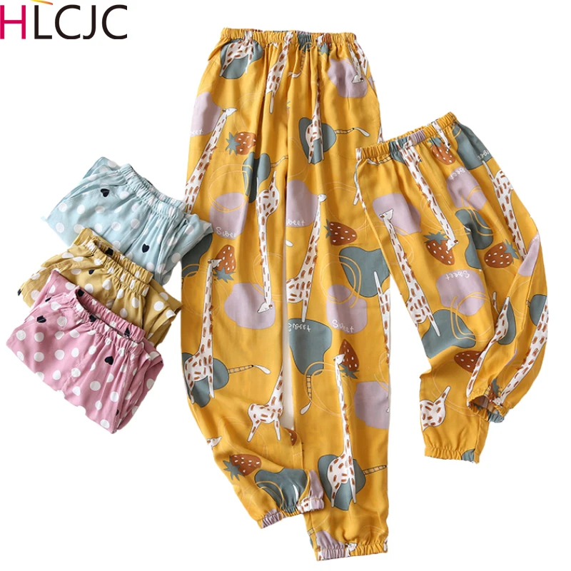 Новинка 2020 летние вискозные тонкие домашние брюки женские штаны для сна милые