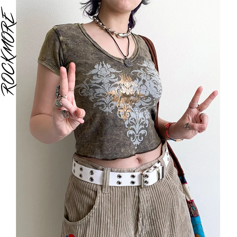

Rockmore Vintage Print Crop Top Women Casual Short Sleeve T Shirts Y2K Aesthetic Harajuku Graphic Tee Grunge Clothes Outfits