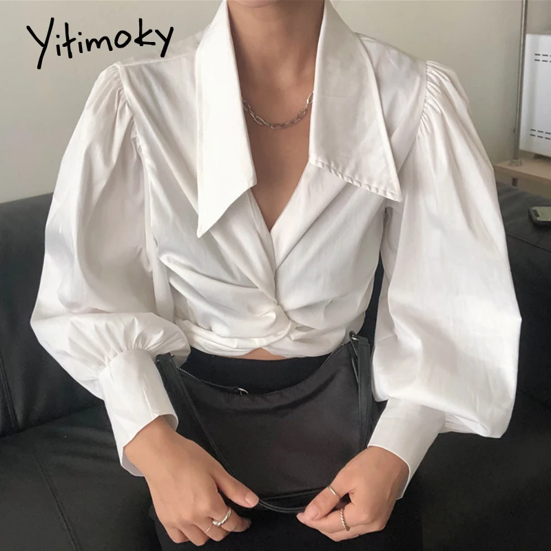 

Yitimoky винтажные блузки для женщин с длинным рукавом с отложным воротником в форме единорога складки короткая одежда 2021 весна корейские модн...