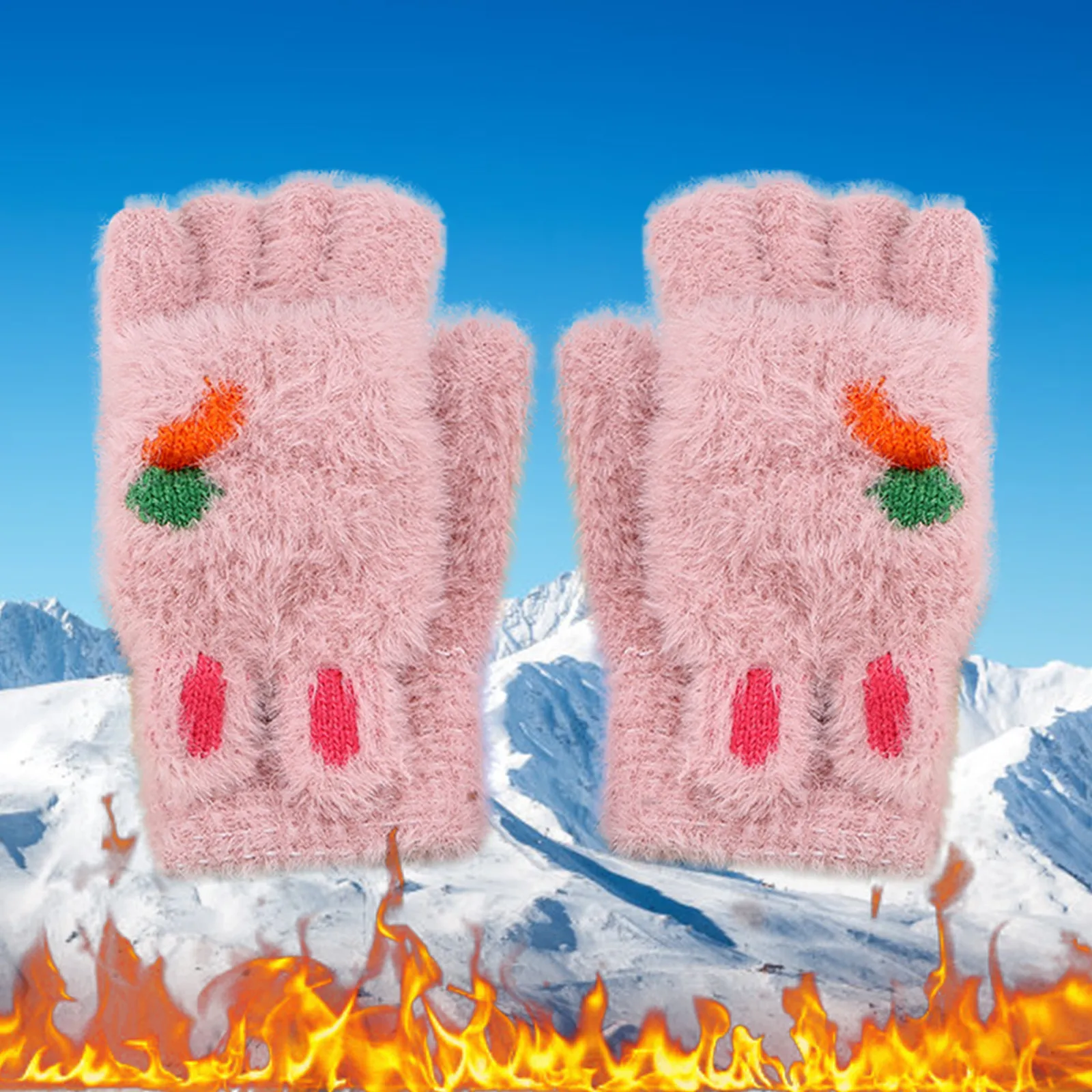 

Kids Cartoon Printed Gloves Mobile Phone Belt Screen Knitted Gloves Thick Warm Winter Children Mittens Half-Finger Gloves