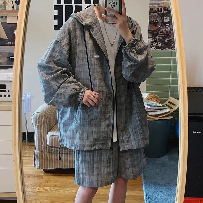 

Summer Long Sleeve Shorts Suit Ultra-thin Breathable Sunscreen Plaid Top Jacket Casual Sports Five-point Pants Set Spring Summer
